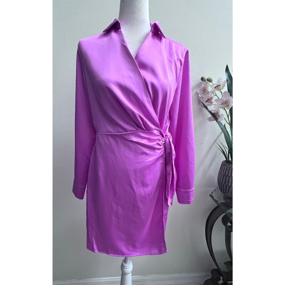 BLASHE Pink Satin Wrap Collared Knee Length Dress Long Sleeve Small Barbiecore‎